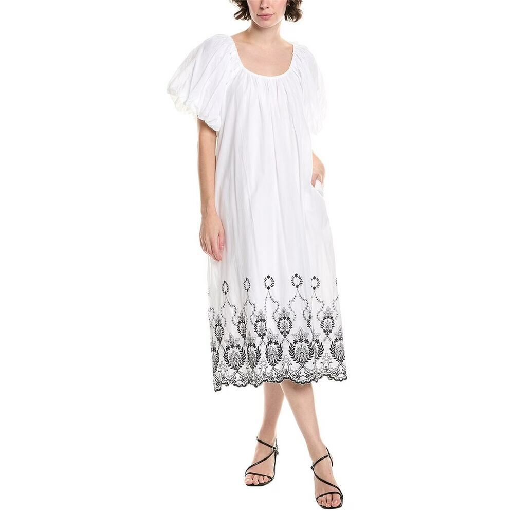 Hyacinth House Embroidered Floral Puff Sleeve Midi Sundress White Black XXS